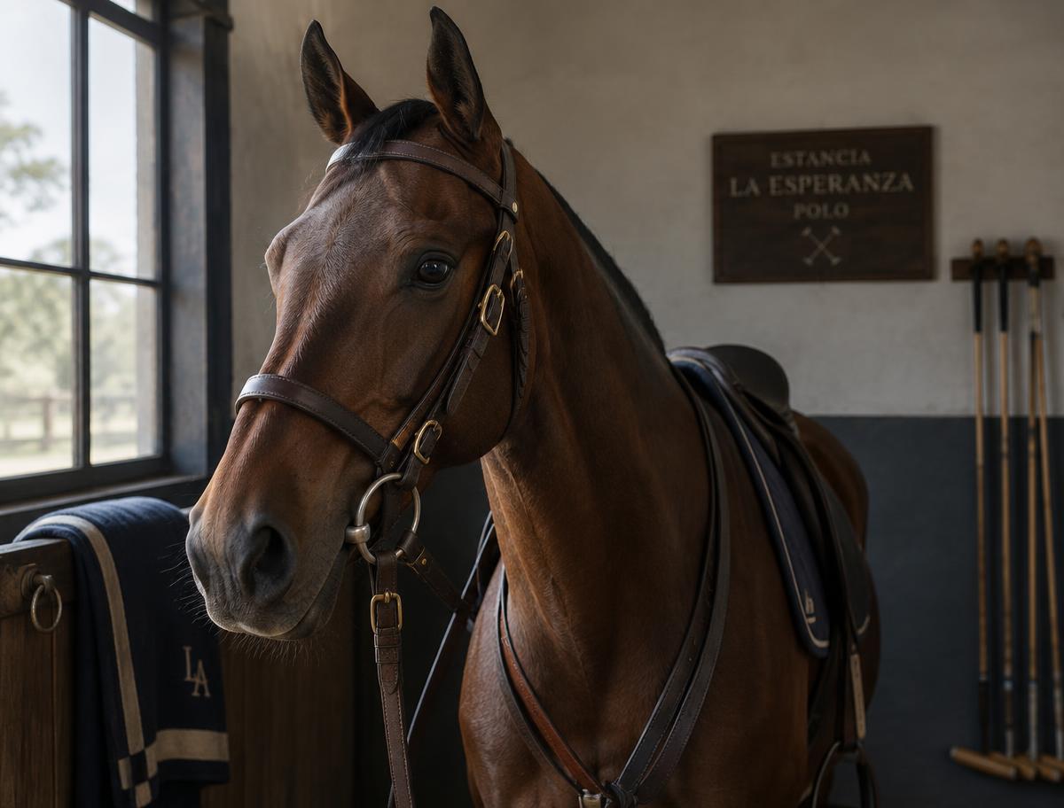 Caballo de polo en el haras durante la preparación