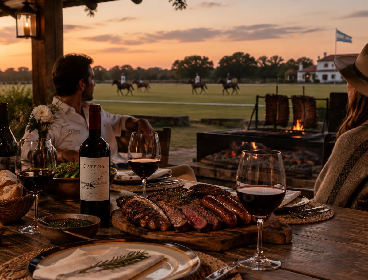 Vida en la estancia: mesa ambientada con vinos y paisaje de campo